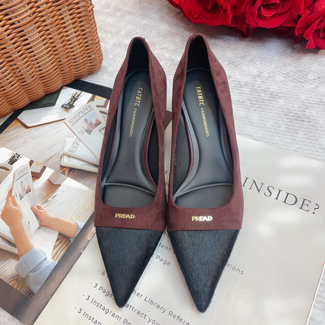 安哥拉红秋款拼接设计2025细跟高跟鞋百搭女鞋