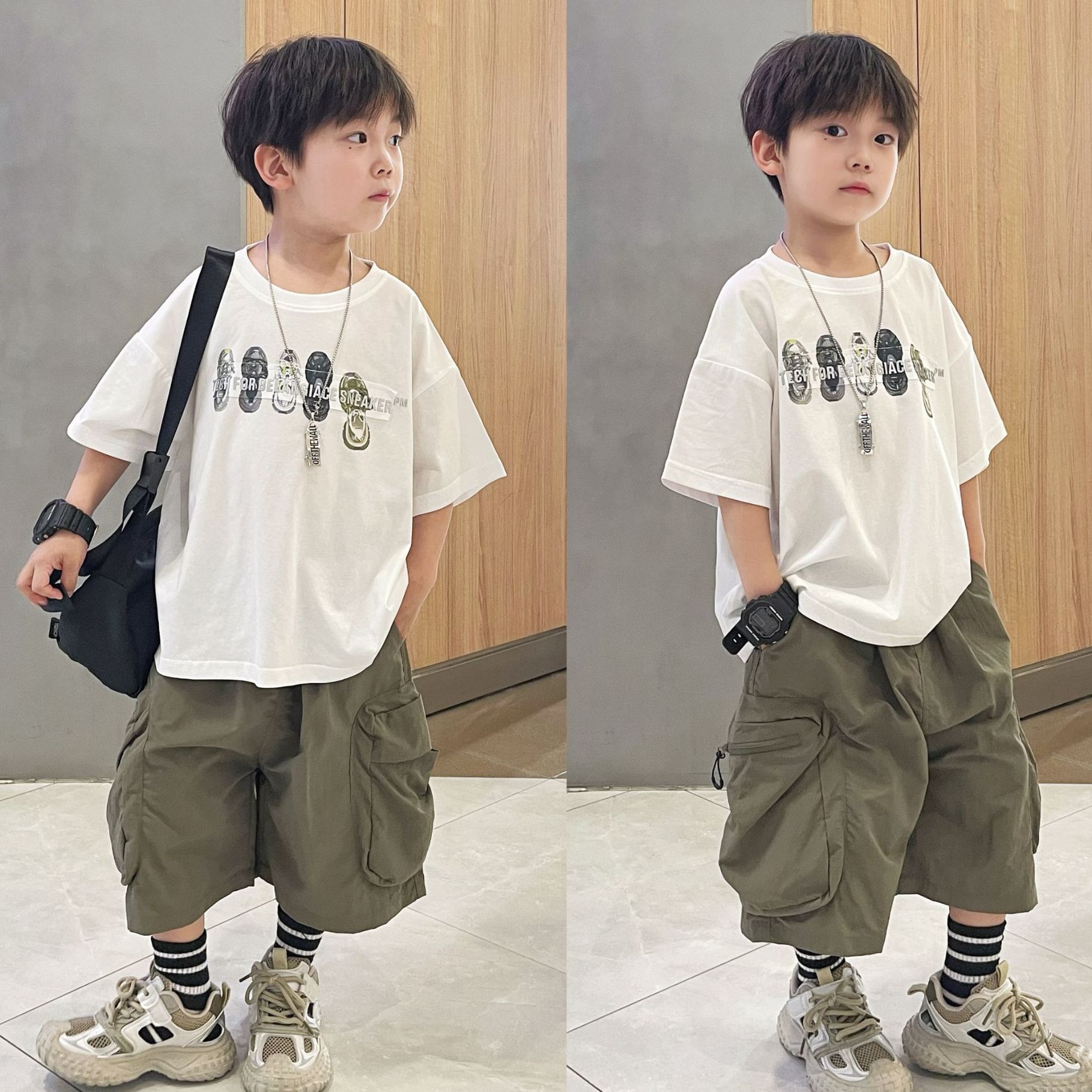 夏季男童宽松印花套装2025新款夏季潮范男童绿色工装短裤时尚百搭