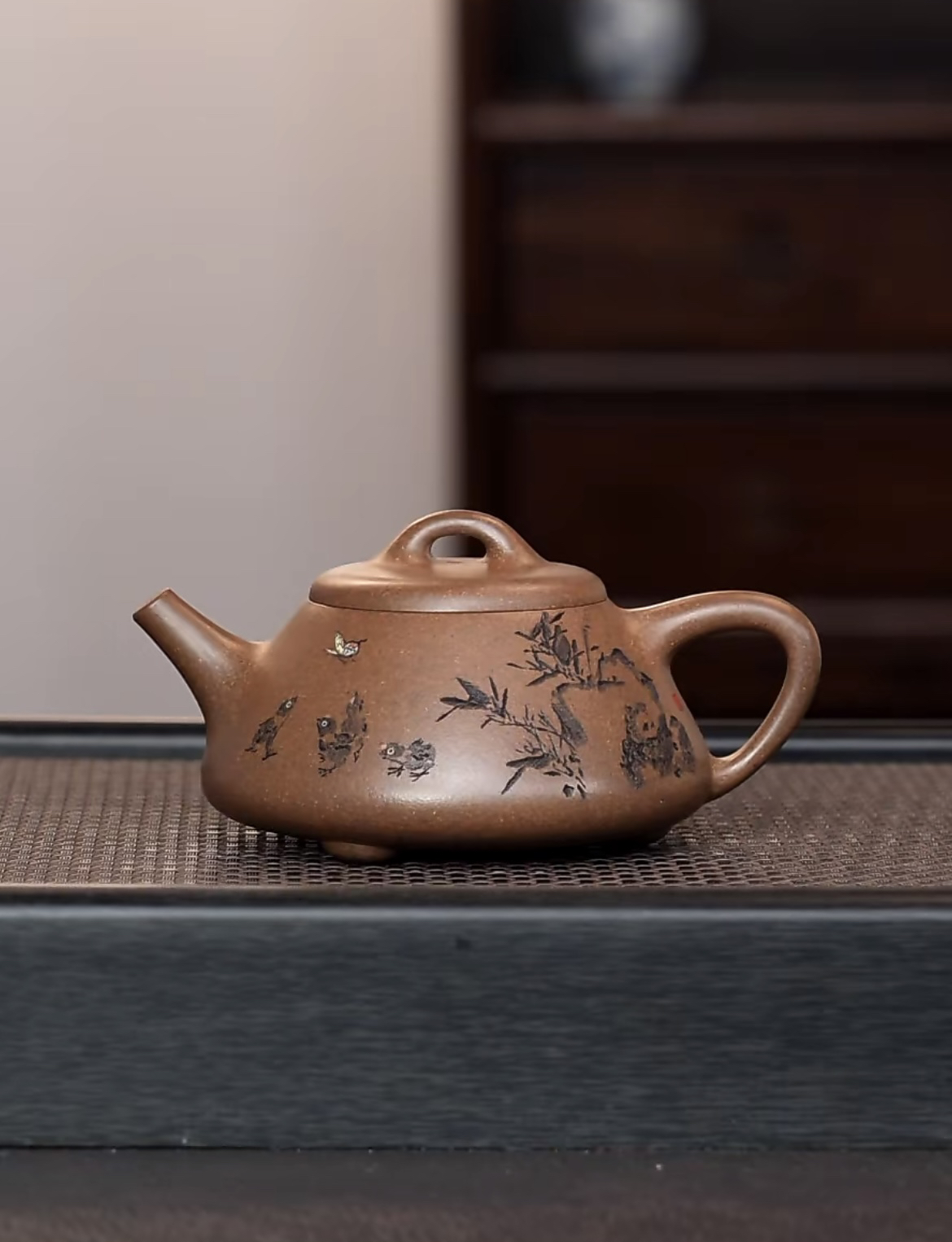 曼生石瓢紫砂壶，桂花砂梁孝林刻绘，280cc，许宗明全手工