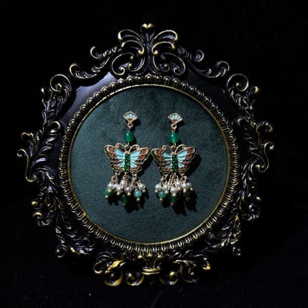 铜合金耳饰 拼色绿色耳环欧美风素款蝴蝶古法复古风