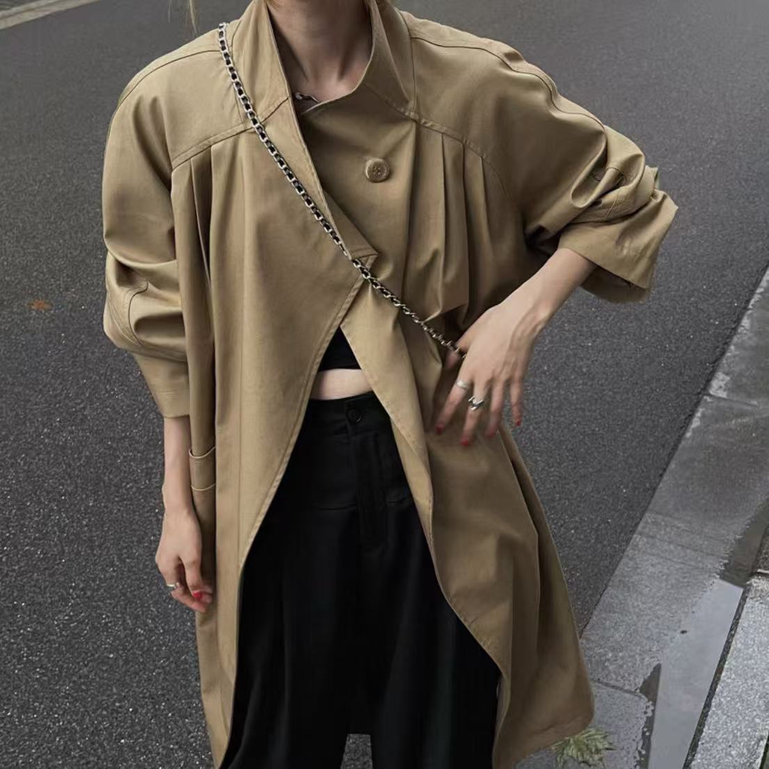 （9101风衣）气质休闲立领落肩长款风衣110/113