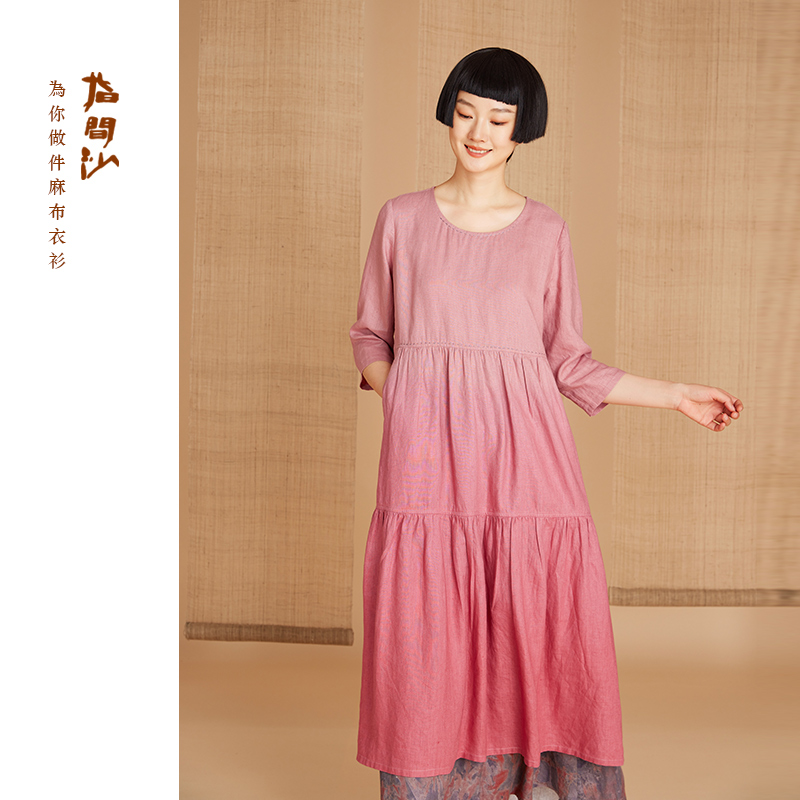 2535024指间沙原创女装 秋季新款亚麻吊染塔裙式连衣裙圆领文艺风