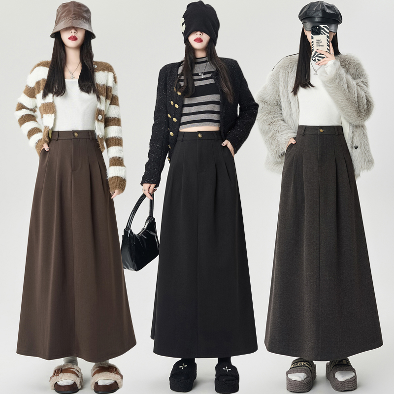 【雅黑长裾】毛呢半身裙中长款女秋冬高腰赫本风a字大摆长裙子8521