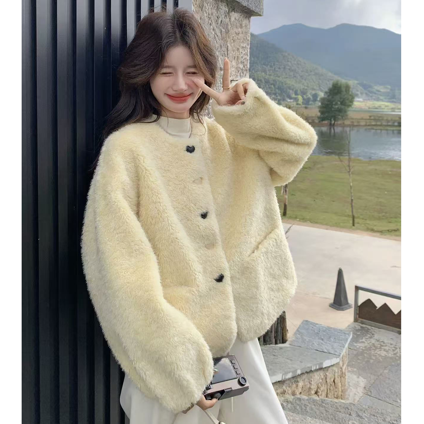 无印心匠A261 单排扣毛毛外套女短款冬季保暖k2236