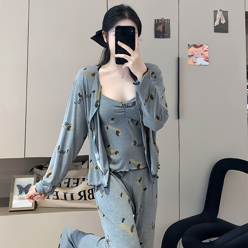 长袖带胸垫睡衣女秋季2025新款吊带三件套甜美可外穿家居服套装