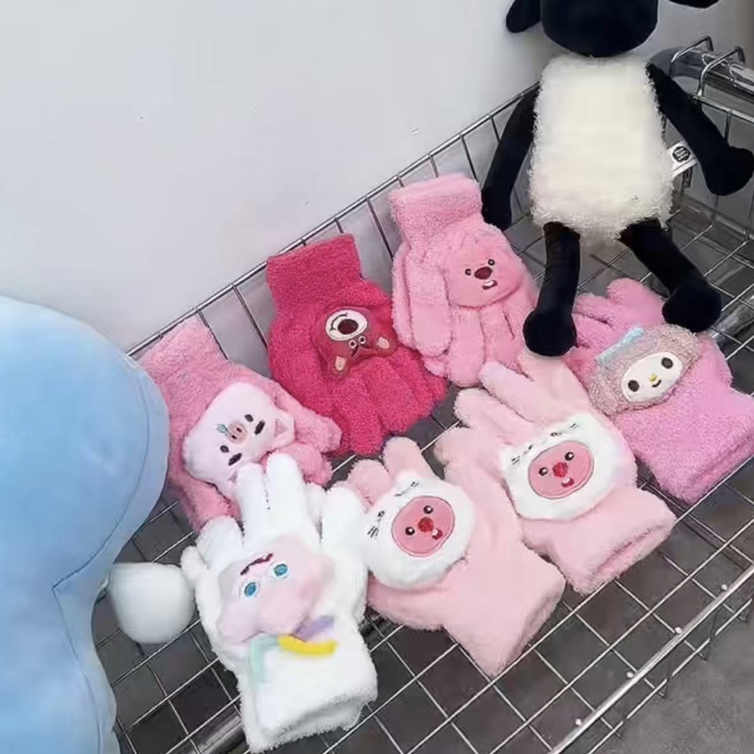 韩版可爱动物配饰珊瑚绒女士冬季保暖骑行分指手套