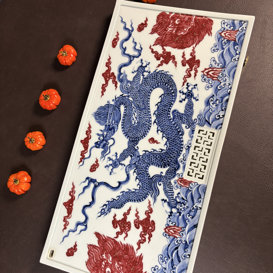 景德镇陶瓷 全手工手绘 青花原矿釉里红龙纹干湿两用双层泡台