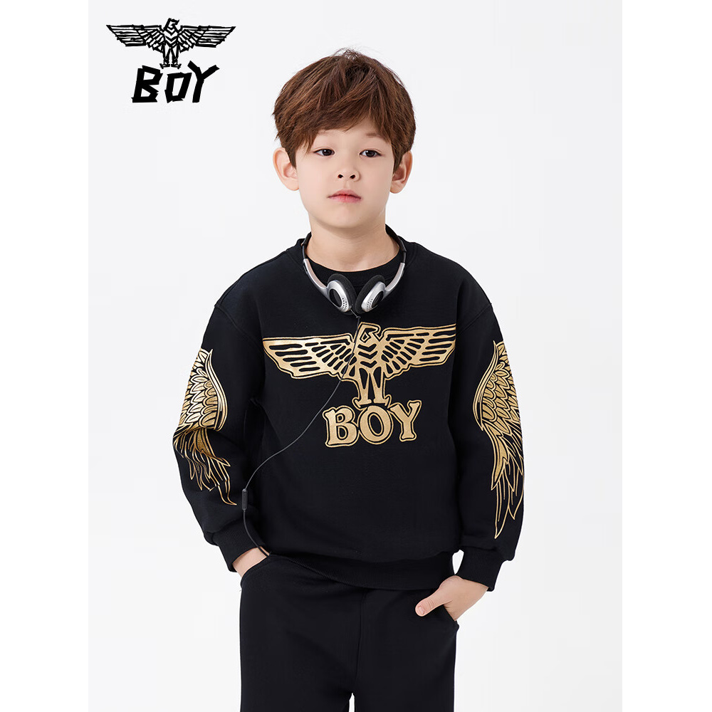 BOY JUNIOR潮牌童装秋针织卫衣圆领宽松休闲卫衣男童女童 黑色 11