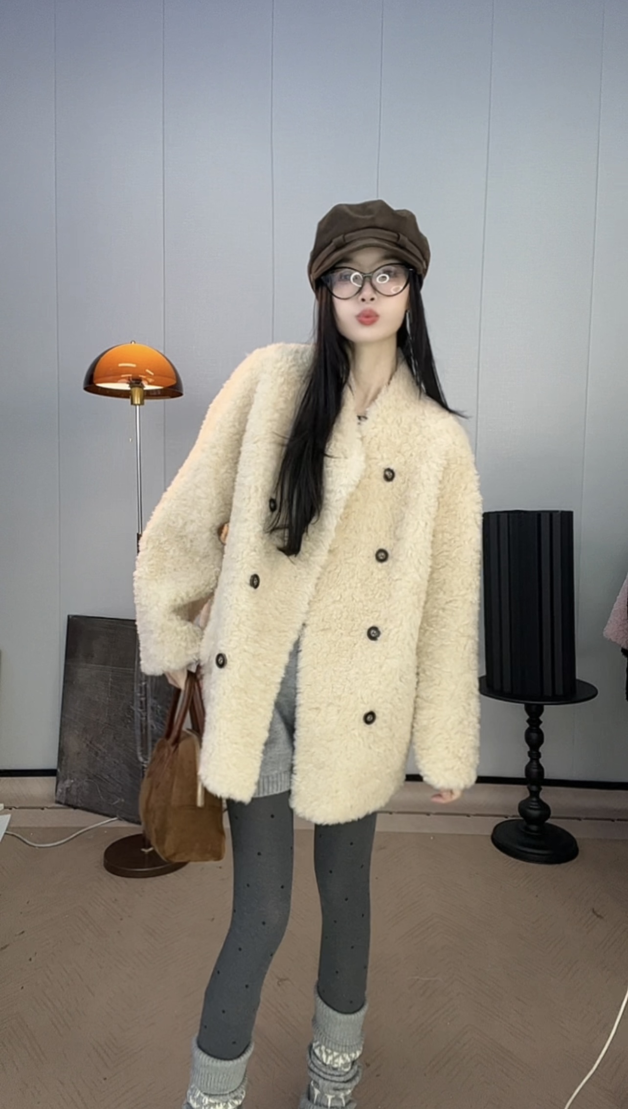 【沃雪】加厚保暖100绵羊毛复古双排扣中长款一体毛毛外套冬季