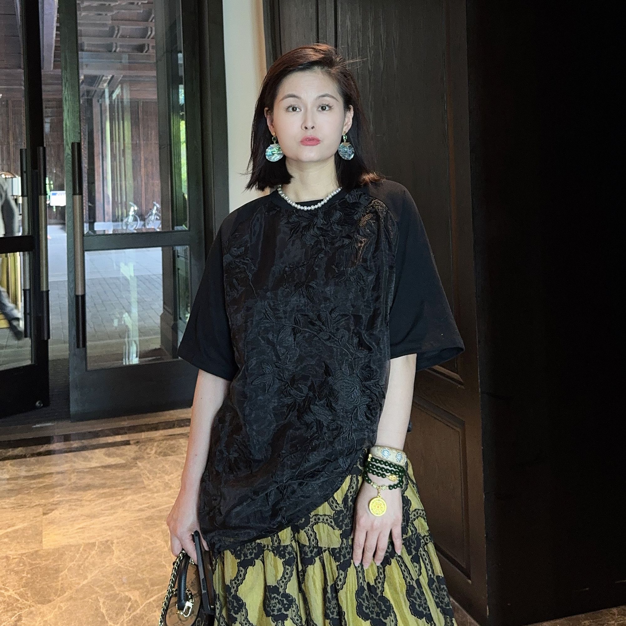 《樱花T》新中式短袖圆领重工刺绣T恤中国风黑色系短袖夏季宽松