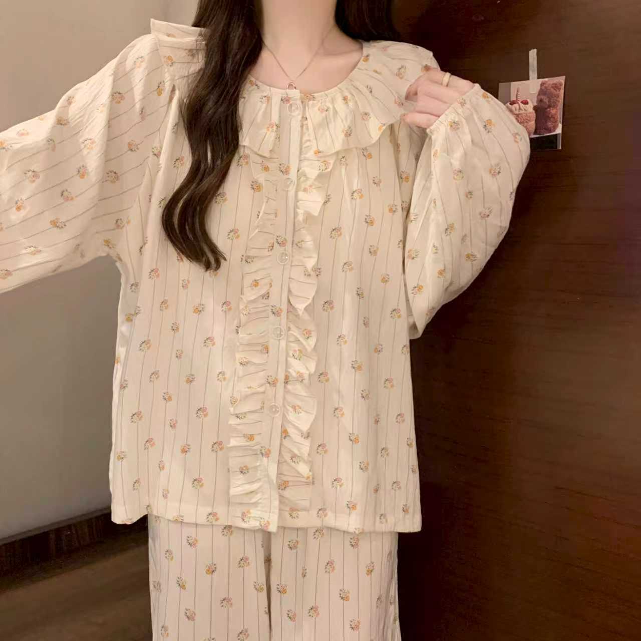 女士春季竖条碎花开衫带胸垫家居服套装