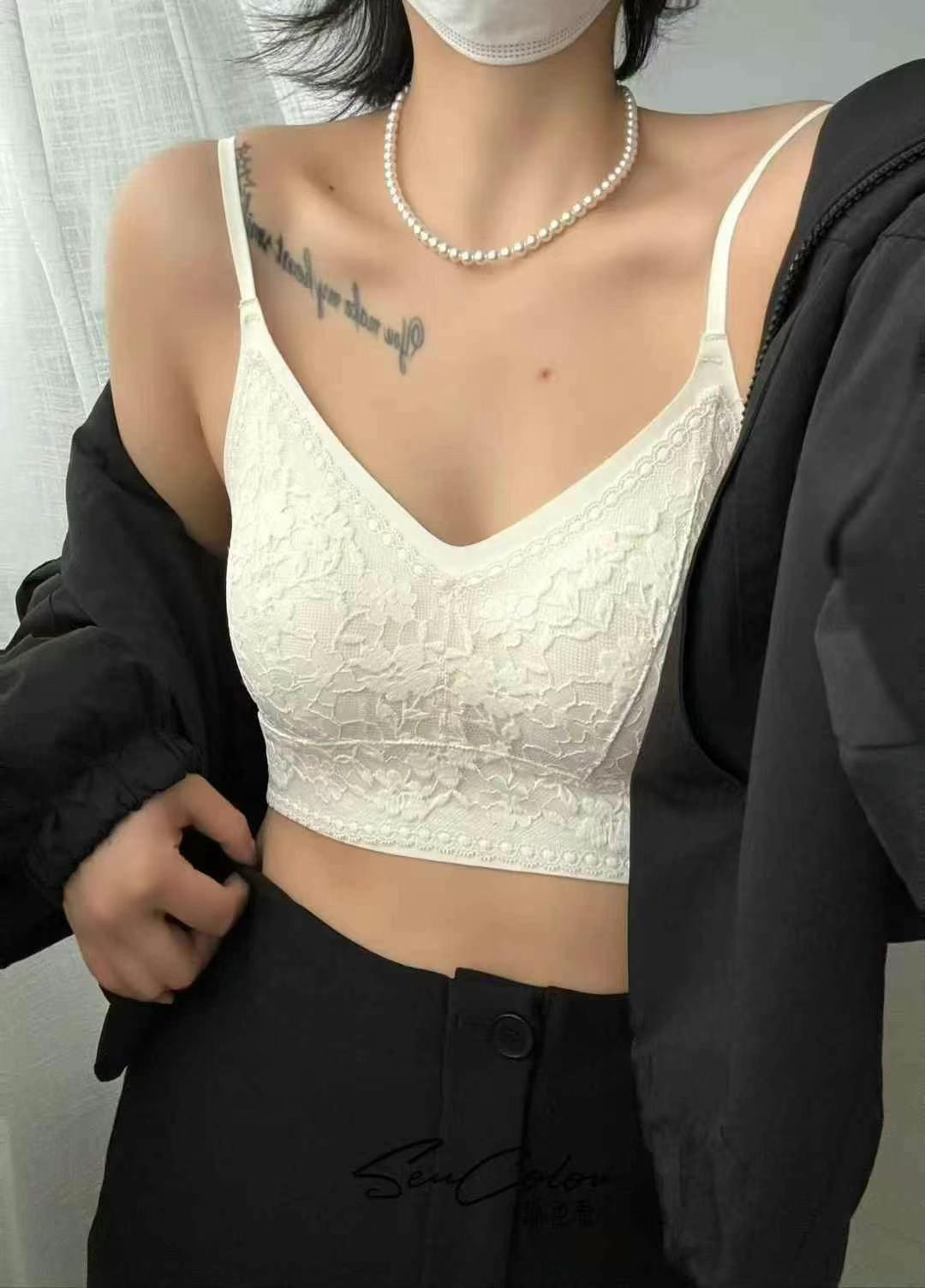 栗栗家蕾丝固定一体杯无痕加厚女小胸聚拢美背上衣辣妹6507