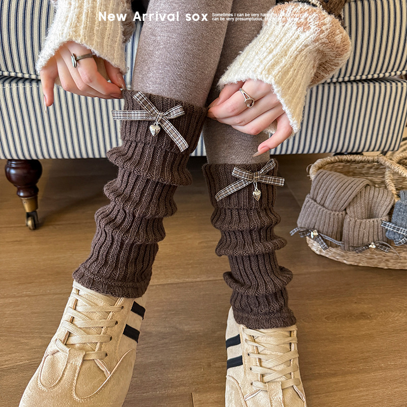 靴尚棉袜套女格子蝴蝶结咖色堆堆袜毛线针织复古小腿袜腿套长款