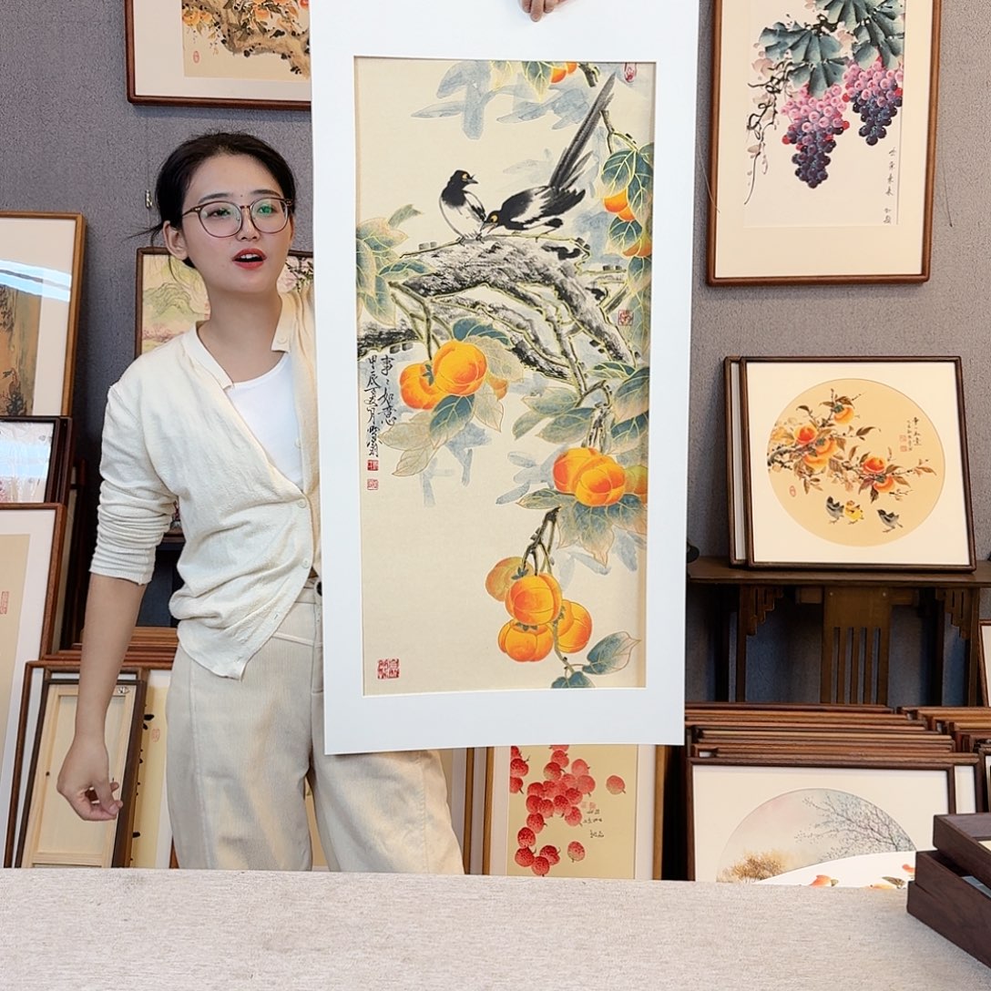 国画纯手绘，纯手写带框尺寸：53×103厘米