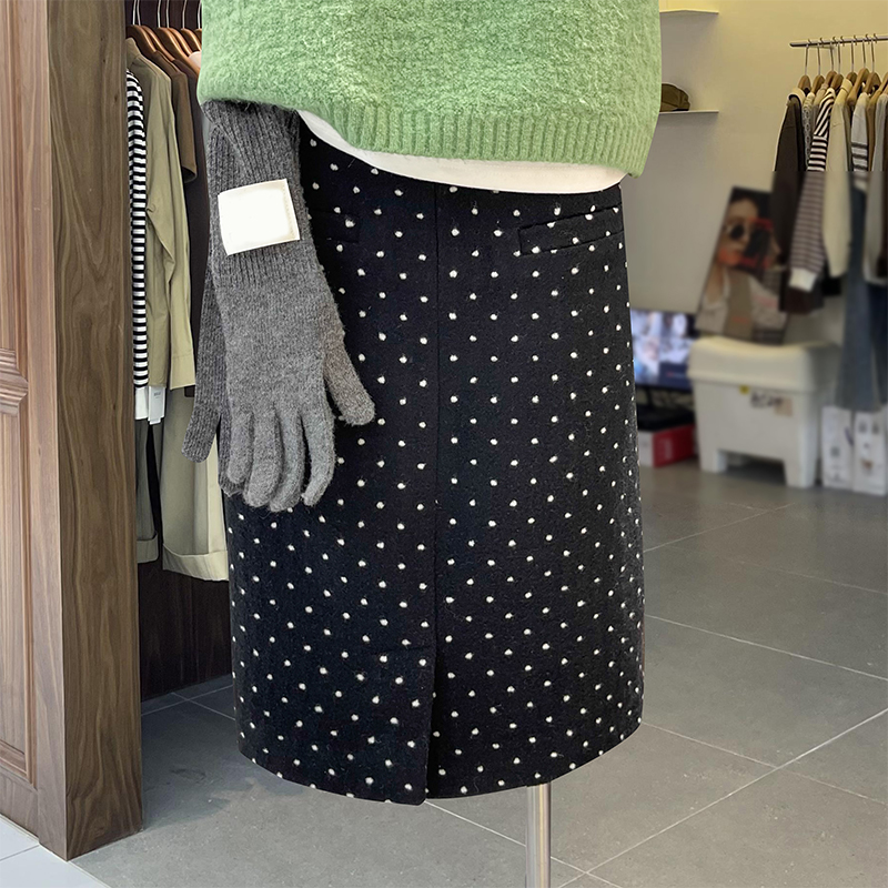 【本场专属】秋冬高腰开叉包臀A字裙短裙韩系复古波点毛呢半身裙女