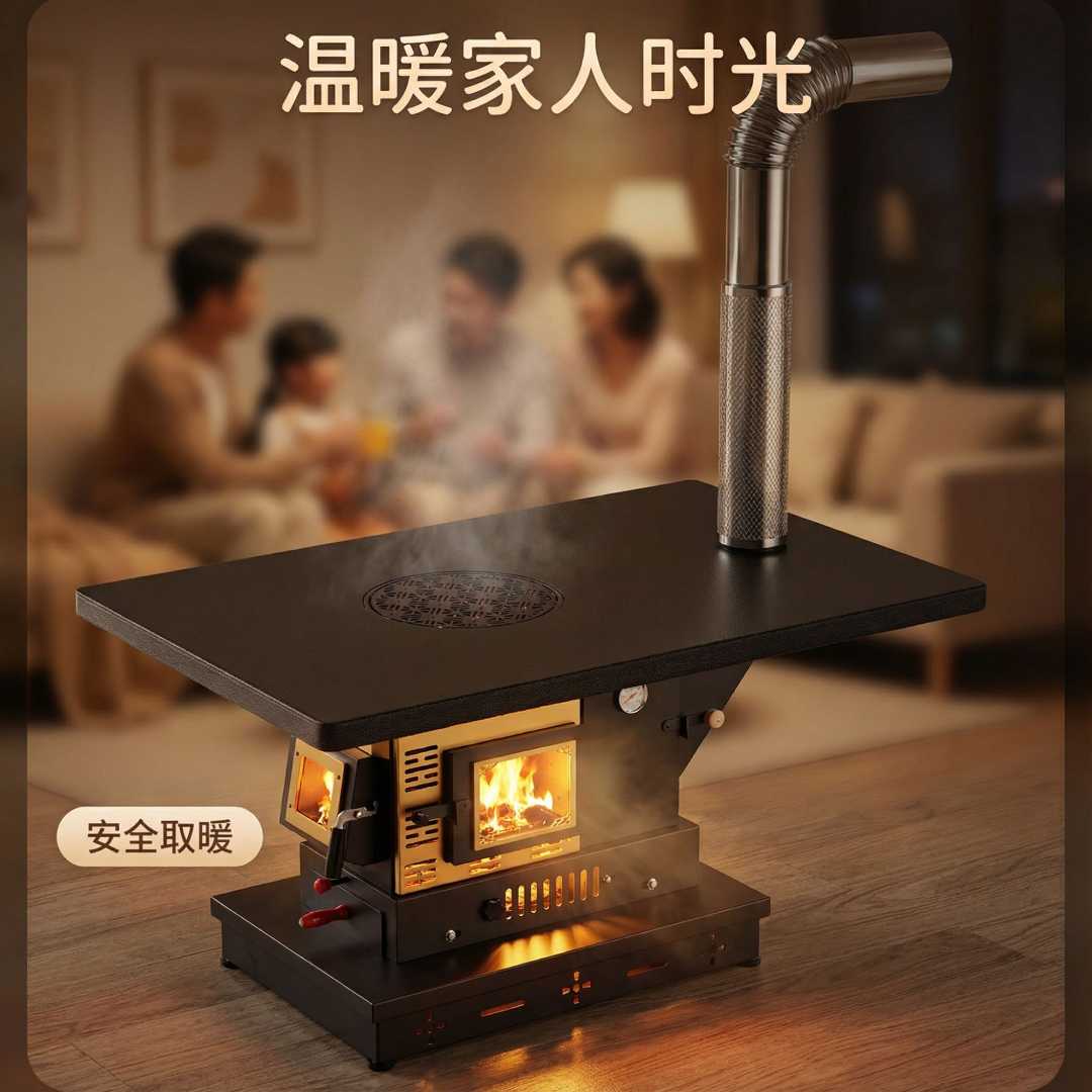 新款真火燃木壁炉三面观火取暖炉冬季农村家用室内无烟柴火气化炉