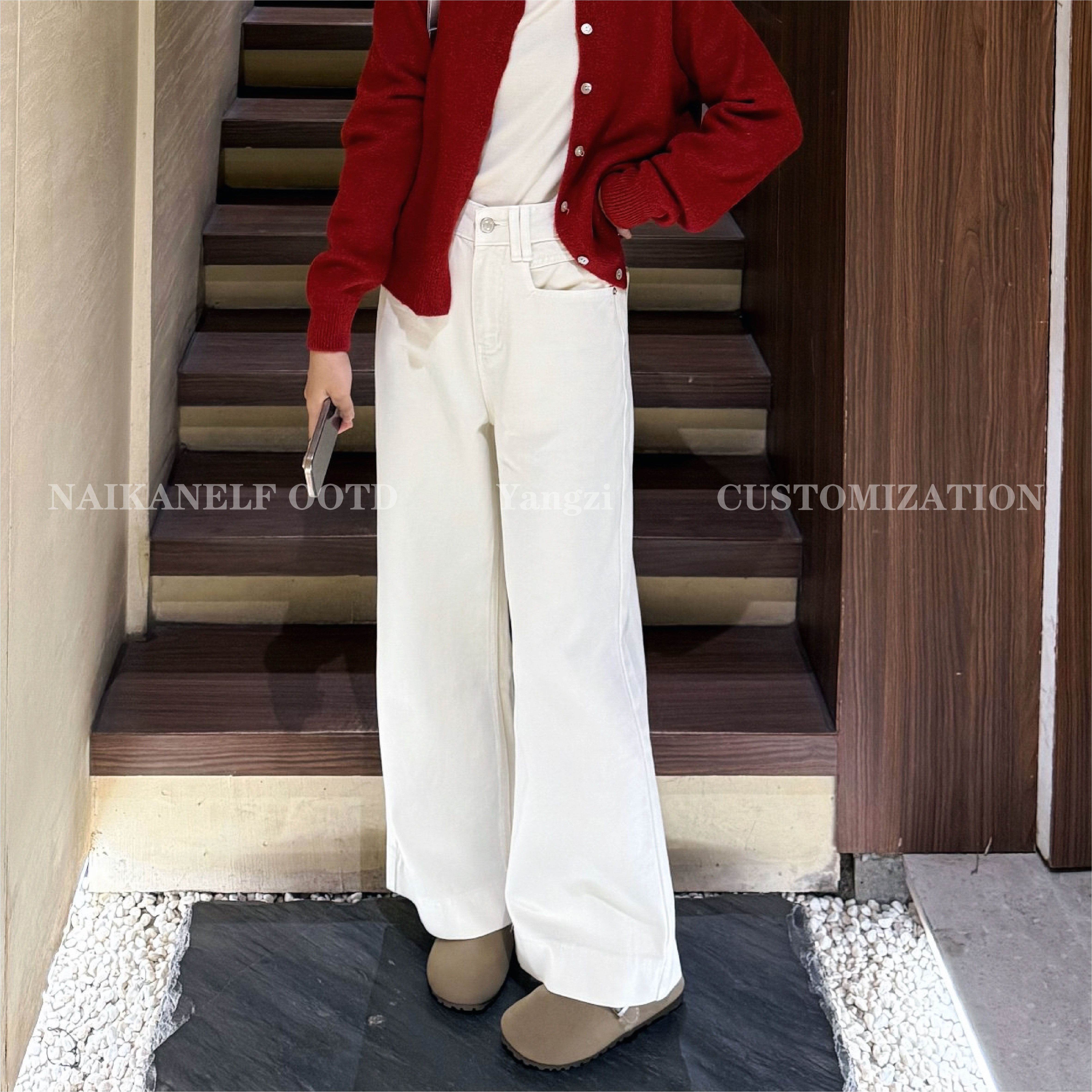 奈看小个子【雾凇见鹿】秋冬新款不贴腿显瘦韩版杏色直筒阔腿牛仔裤