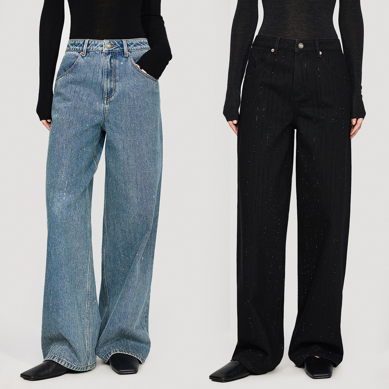 KEIGAN/开间金标/欧洲进口爆闪烫钻摩登中腰直筒流星雨牛仔裤