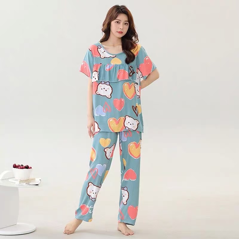 夏季薄款人造棉家居服短袖长裤宽松睡衣两件套休闲时尚舒适甜美