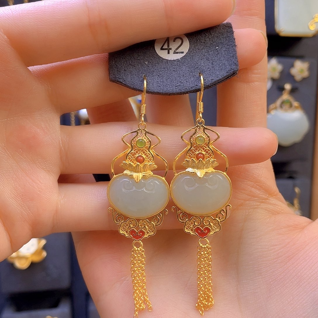 和田玉耳饰银S925镀金镶嵌