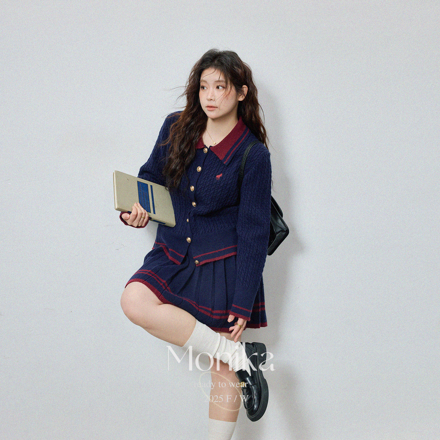 大码女装通勤POLO领减龄学院风针织开衫半身裙两件套套装15626