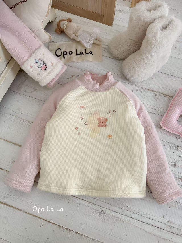 2025冬季新款女童小熊印花拼色蚕丝打底衫77215