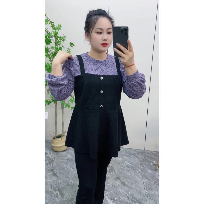 大码女装2025秋冬新款胖妹妹法式拼接假两件显瘦遮肚长袖衬衫上衣