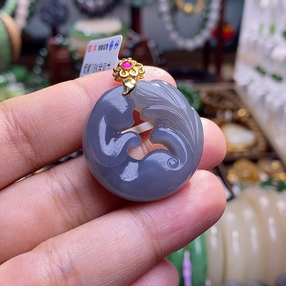 和田玉收藏烟紫老矿料高冰浓紫金镶凤九吊坠未镶嵌