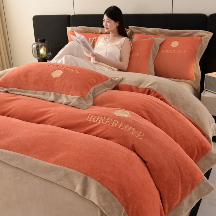 水星家纺A类高克重纯色刺绣牛奶绒四件套加厚款防静电联名水星