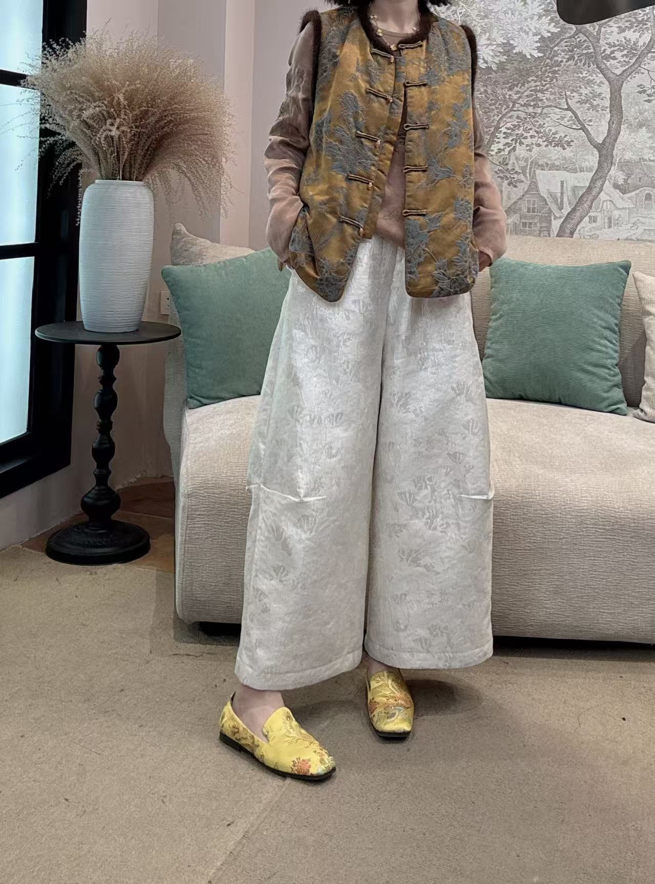 【禾禾家】”胭脂“冬季新款新中式国风碎花时尚八分裤27700