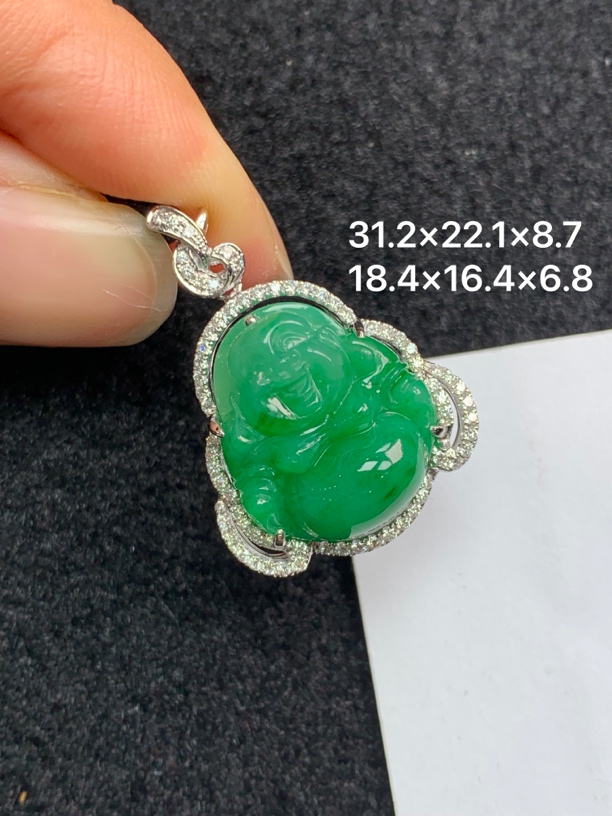 18K金镶嵌天然缅甸翡翠阳绿佛公吊坠