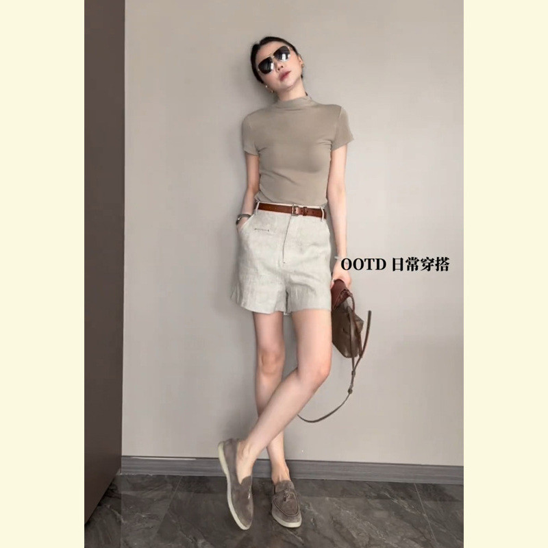 夏季2025新款老钱风小个子休闲短袖恤上衣燕麦色亚麻多巴胺服装女