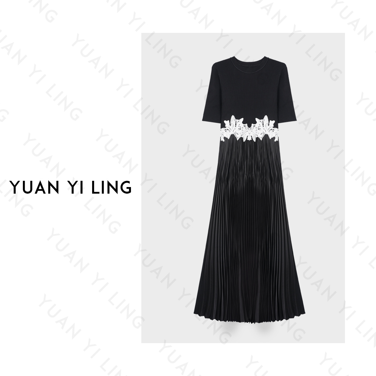 袁艺灵【画廊转角】25夏季上新冰丝料蕾丝针织花边段短袖褶皱连衣裙