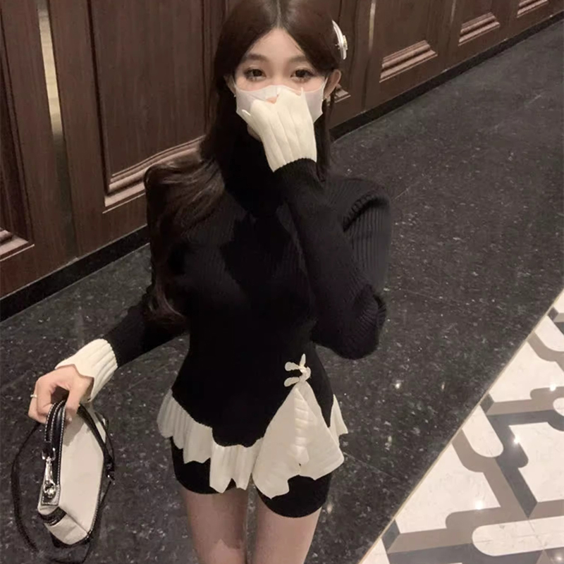 ZB#秋冬韩版小香风盘扣针织衫女荷叶边上衣打底衫内搭高领毛衣