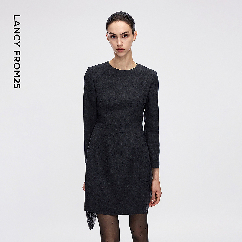 朗姿高级感轻礼服连衣裙优雅修身收腰圆领裙子女2025年冬季新款