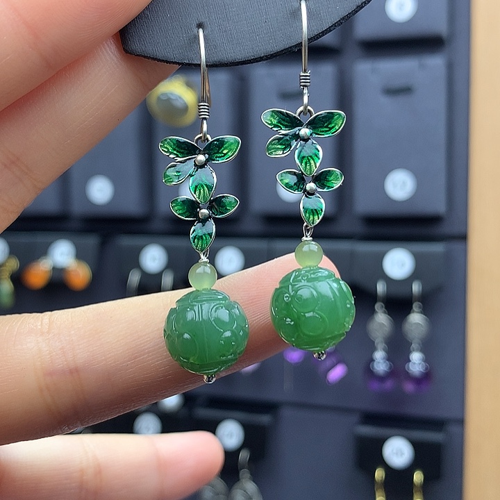 和田玉耳饰银S925镶嵌