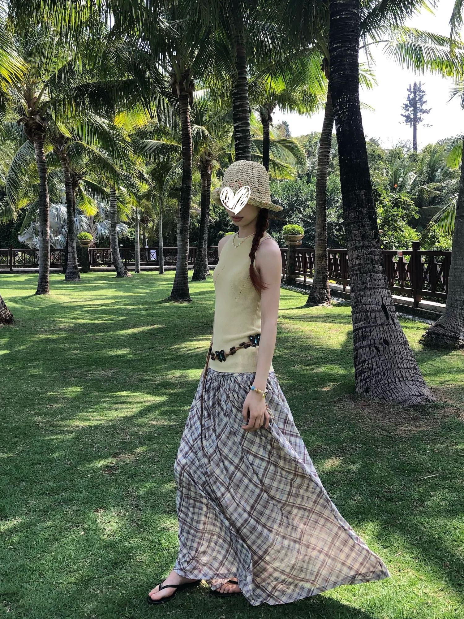 针织黄色背心女无袖修身上衣格子半身裙套装