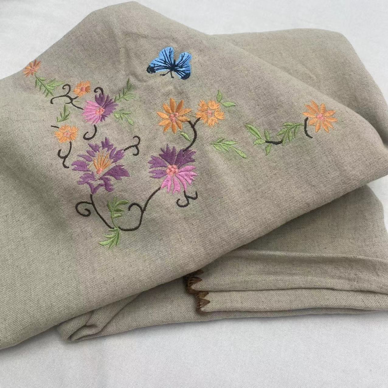 木汀家-蝶恋花 高端汉麻雨露麻多功能刺绣毯子床单 酵素水洗