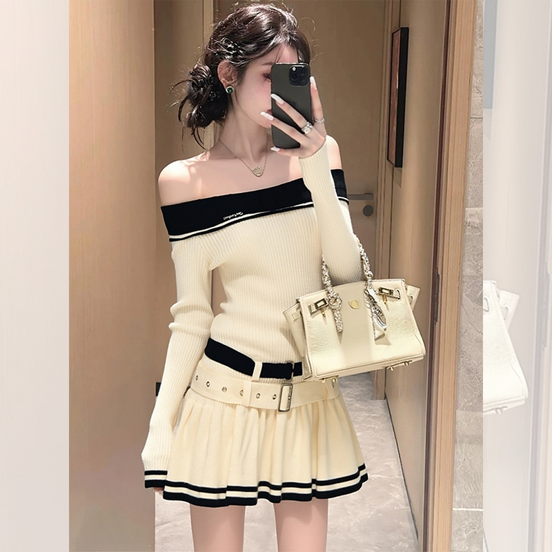 漂亮出片内搭露肩短裙女装秋冬高级感高贵气质一字肩针织连衣裙子