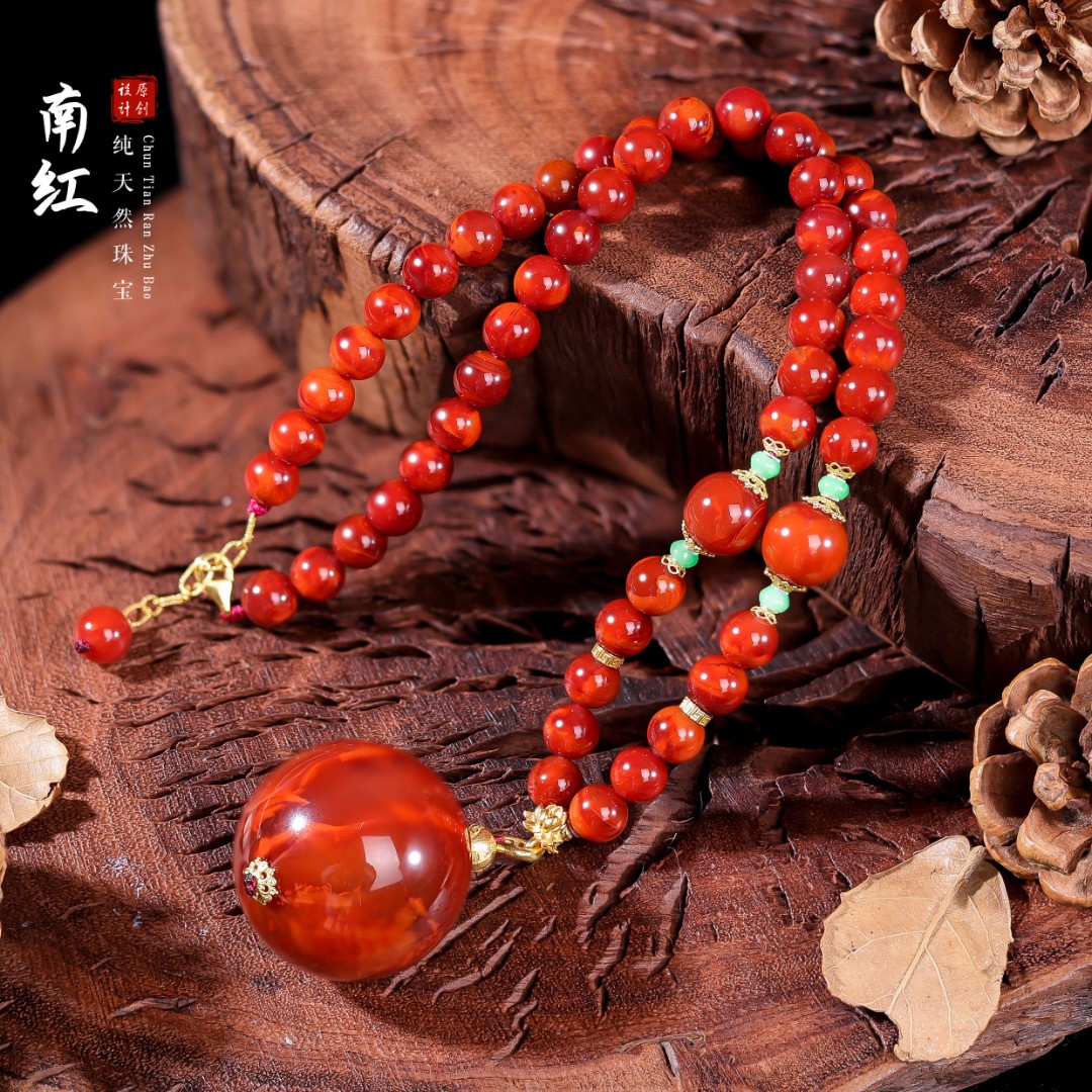 【桃总推荐】diy18k火焰纹南红大圆珠项链@@ZY41108016