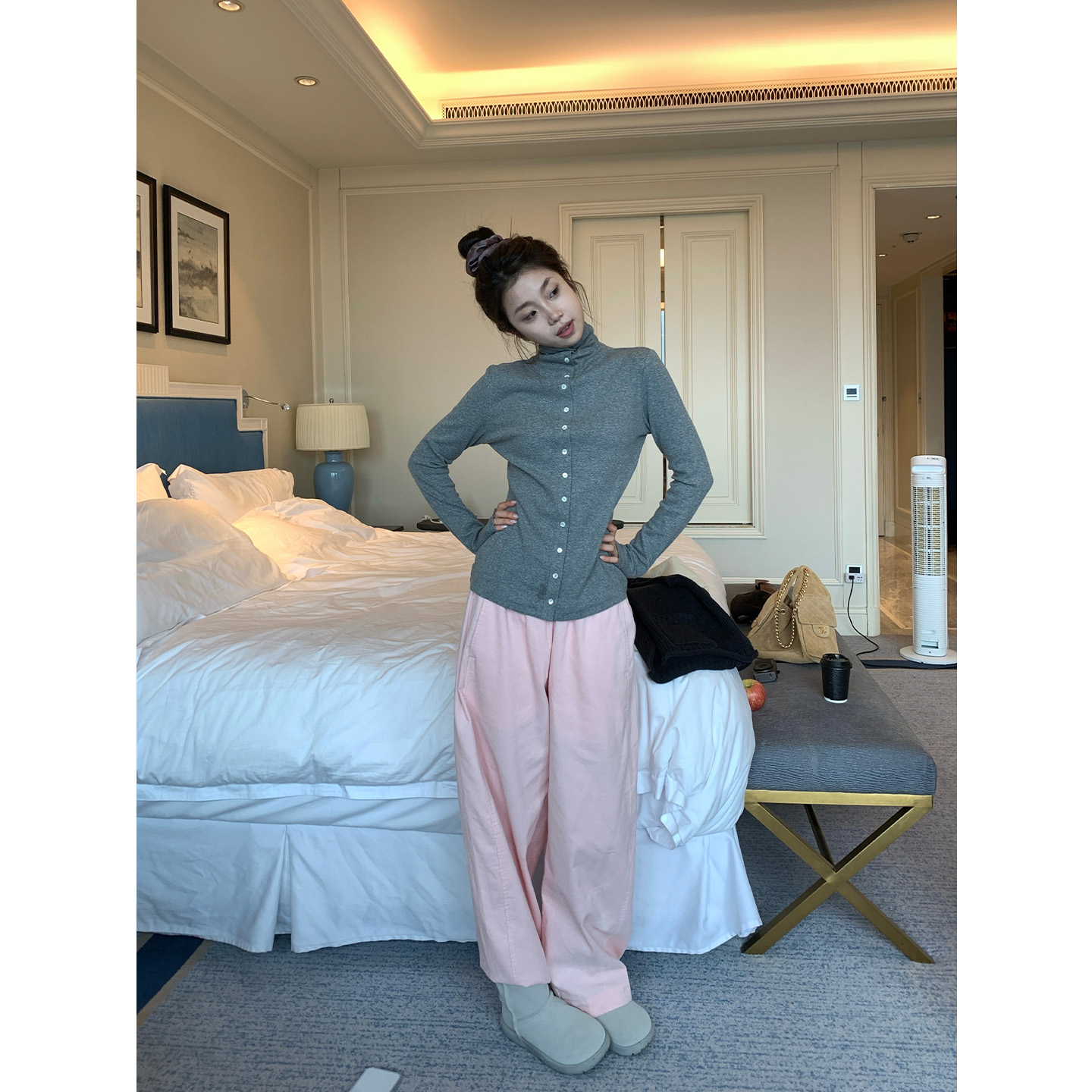 Multi Math贝壳扣打底/百搭设计感高领灰色开衫修身显瘦弹力长袖T