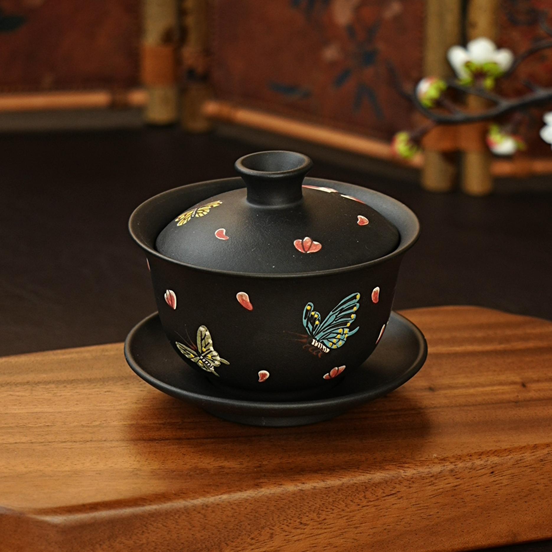 【9041蝶恋花】宜兴原矿紫砂全手工堆绘蝴蝶茶器三才盖碗茶具