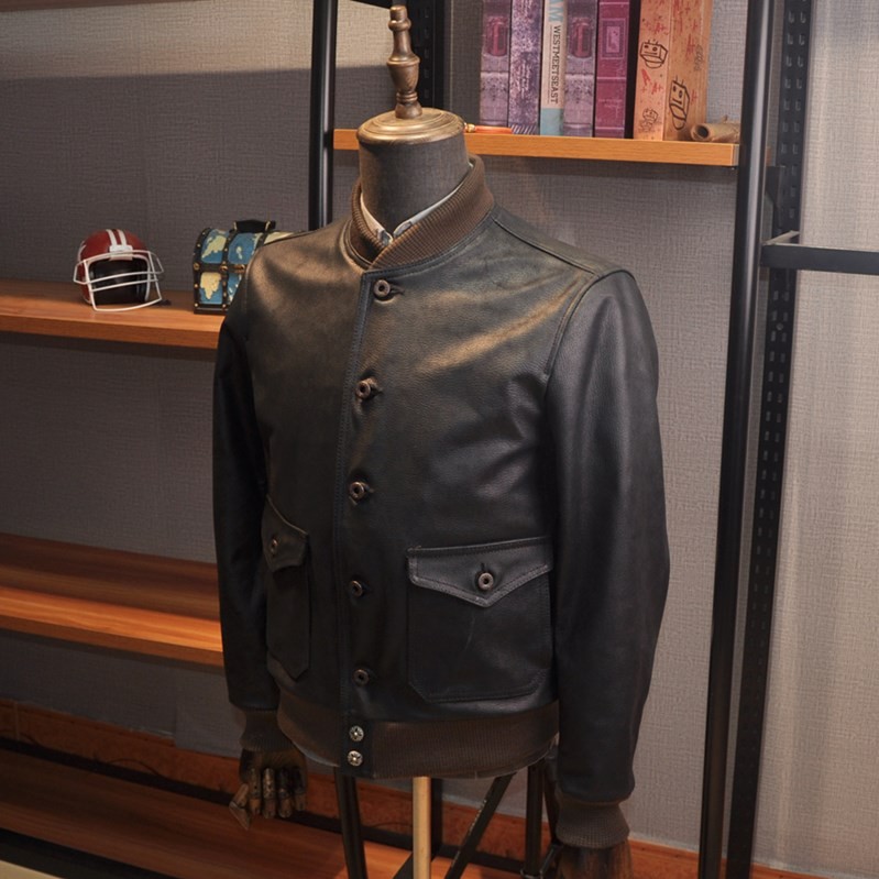 美式复古头层牛皮水洗做旧风格A1真皮飞行服阿美咔叽男士真皮夹克