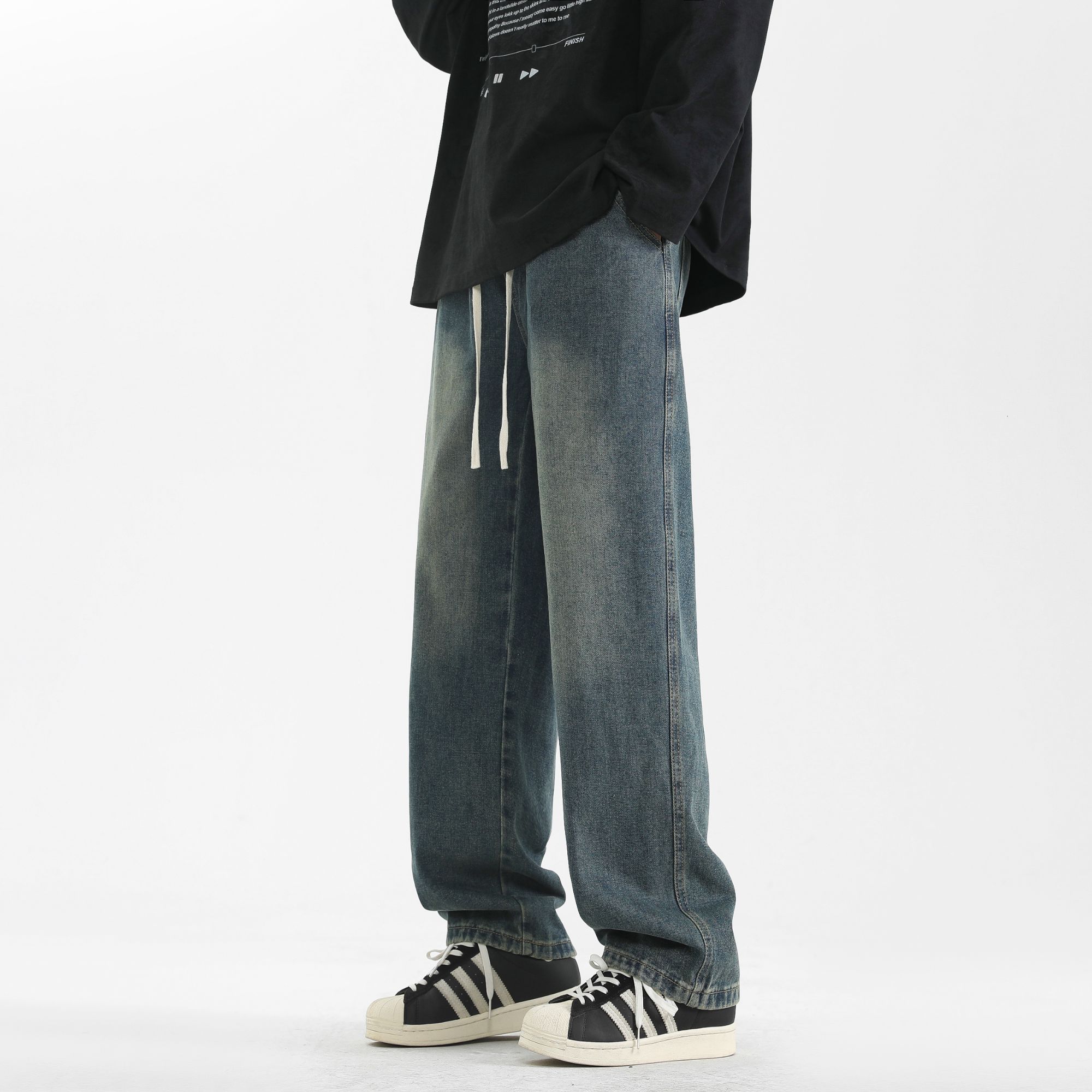 牛仔裤显高显瘦宽松潮牌松紧腰百搭直筒港风高街休闲复古男女款