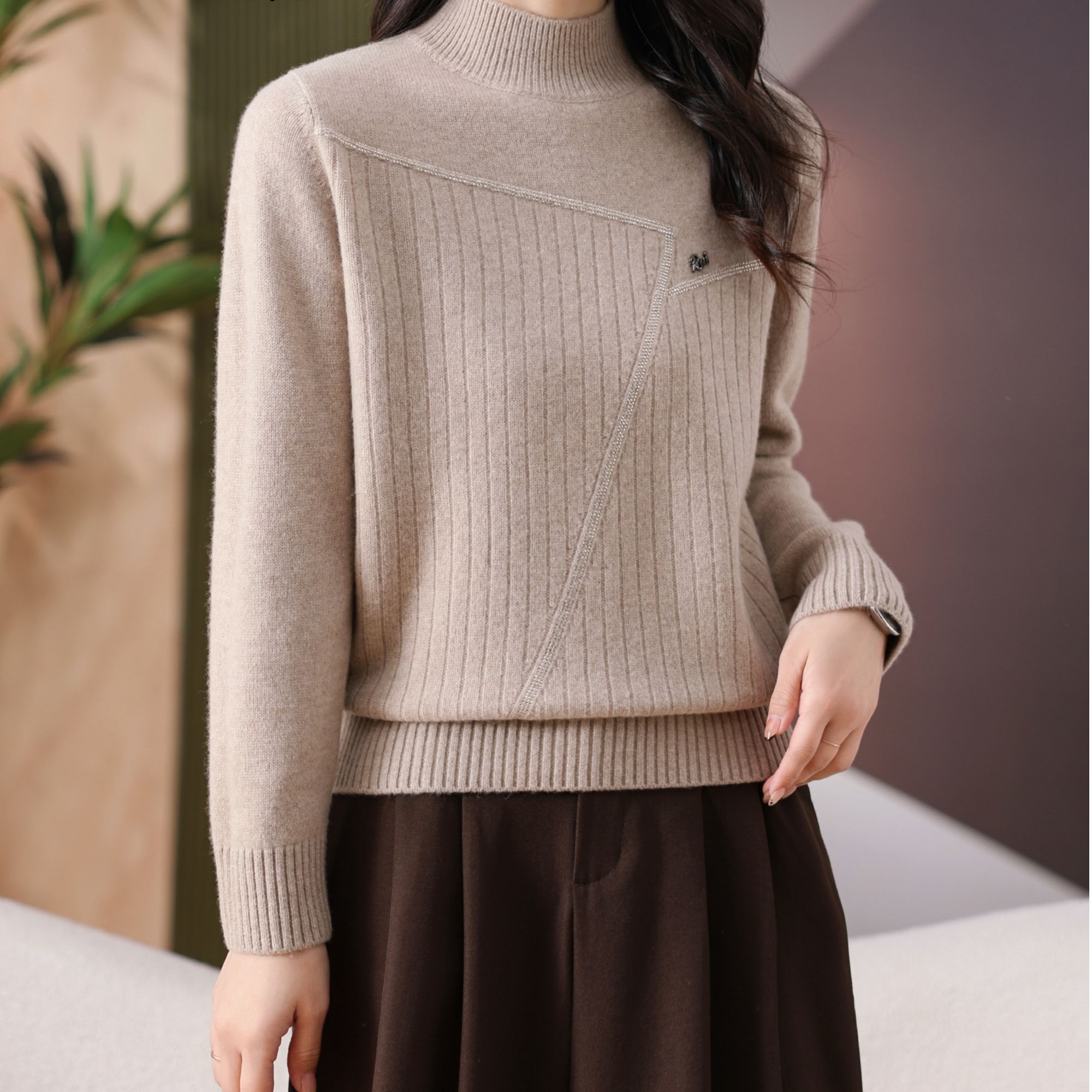 黛妍L8588冬季新款加厚100%羊毛竖条纹不规则拼接半高领针织上衣