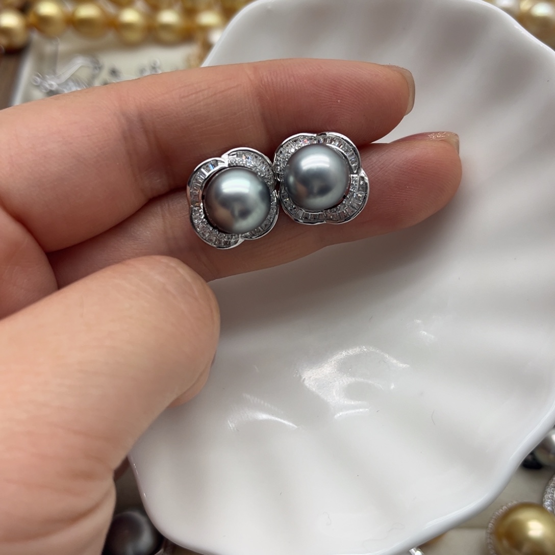 海水珍珠银S925镶嵌耳饰
