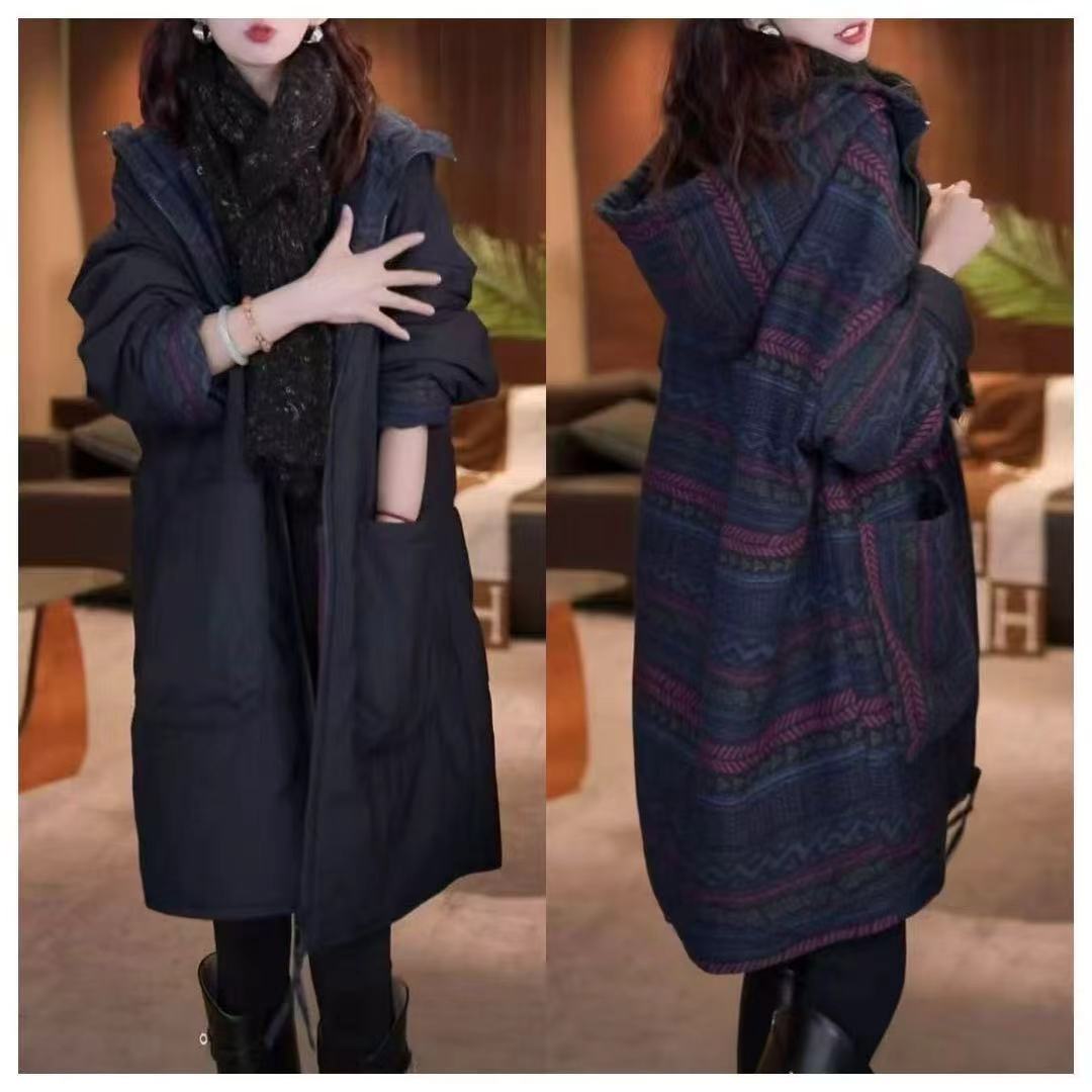 大码冬季新款气质高级感中长款棉服外套女宽松显瘦双面穿连帽棉衣