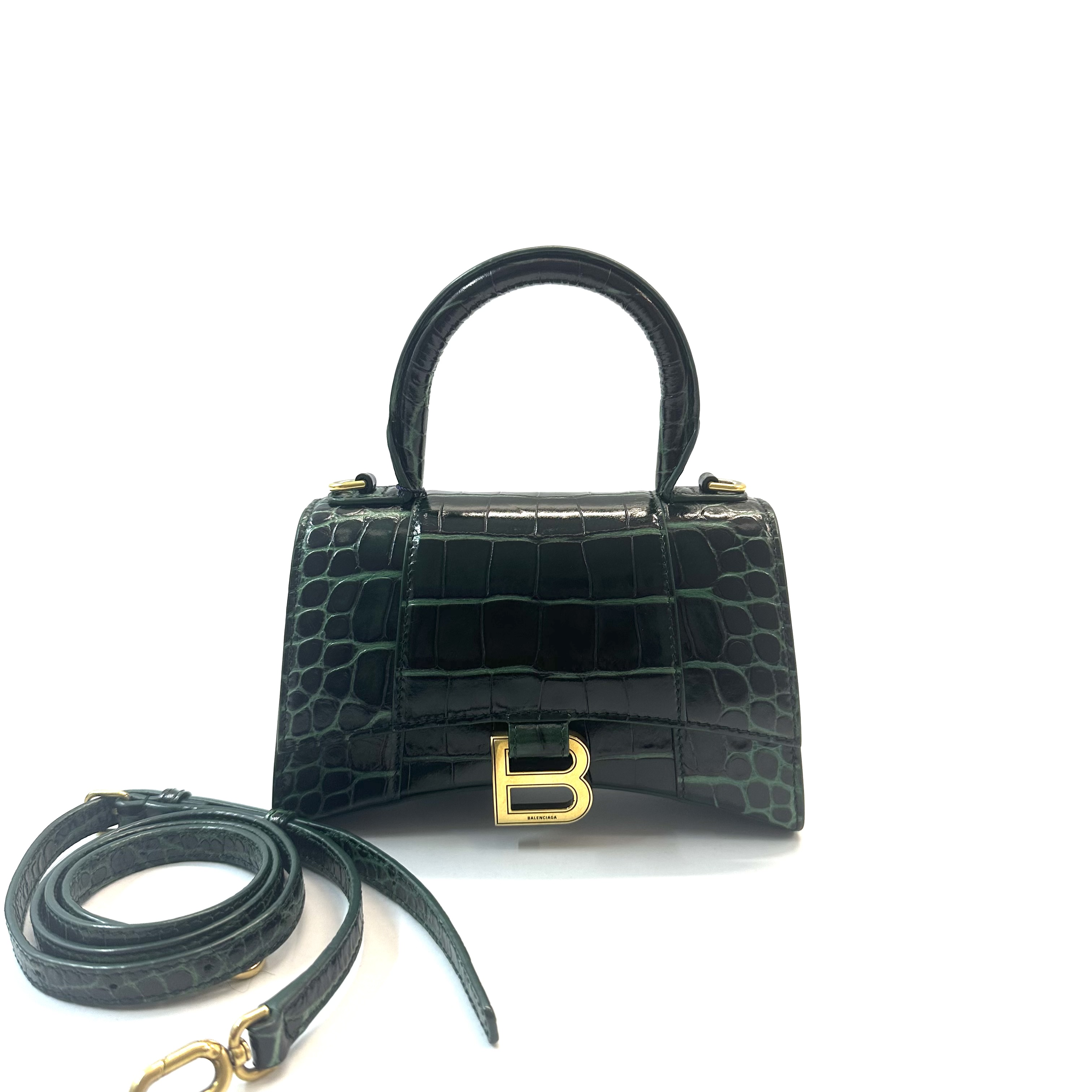 95新 Balenciaga/巴黎世家 98新 墨绿色鳄鱼压纹沙漏包 XS号  