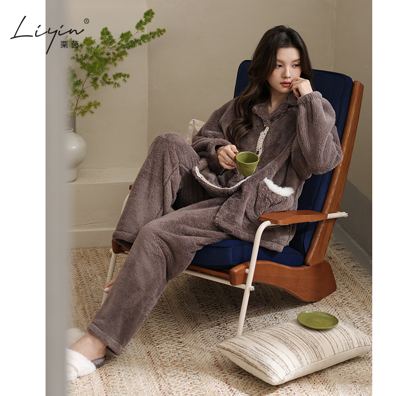 栗茵原创冬季舒棉绒女士睡衣韩系加厚保暖可外穿珊瑚绒家居服套装