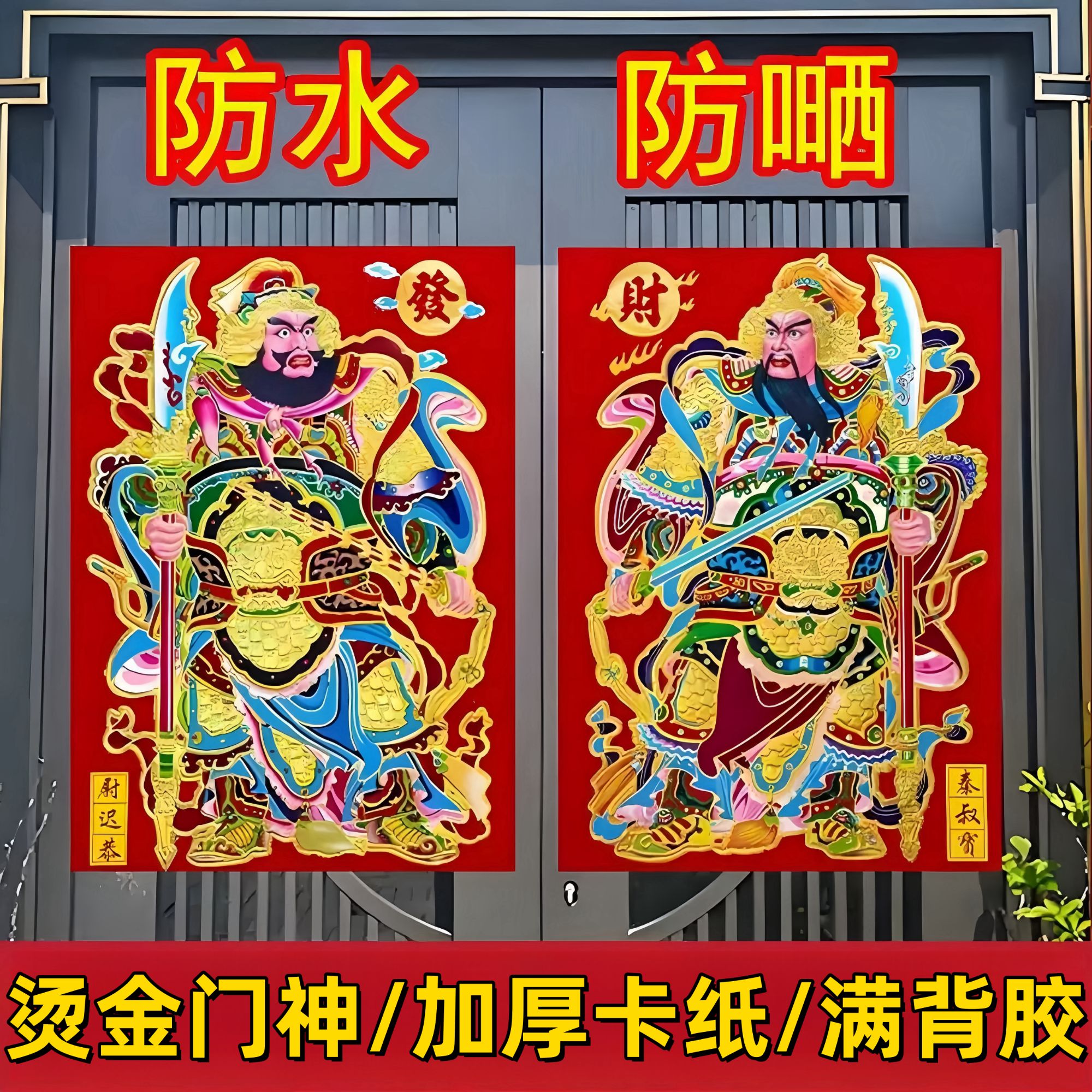 马年加厚烫金门神满背胶自粘烫金门贴秦叔宝尉迟恭日月新年门神贴